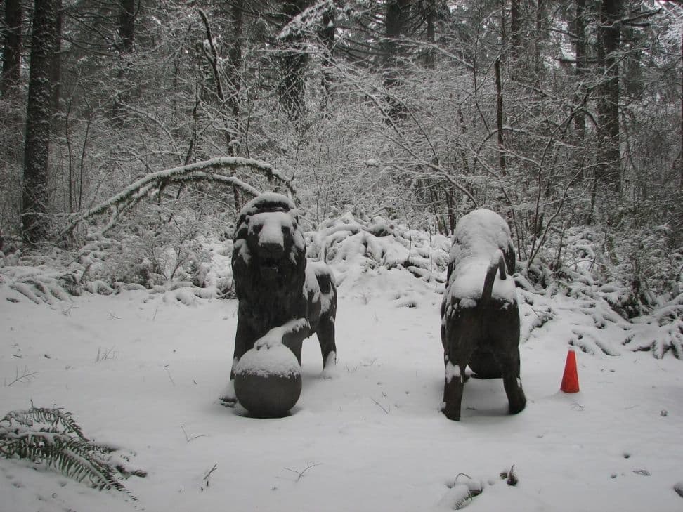 Lion statues snowy forest