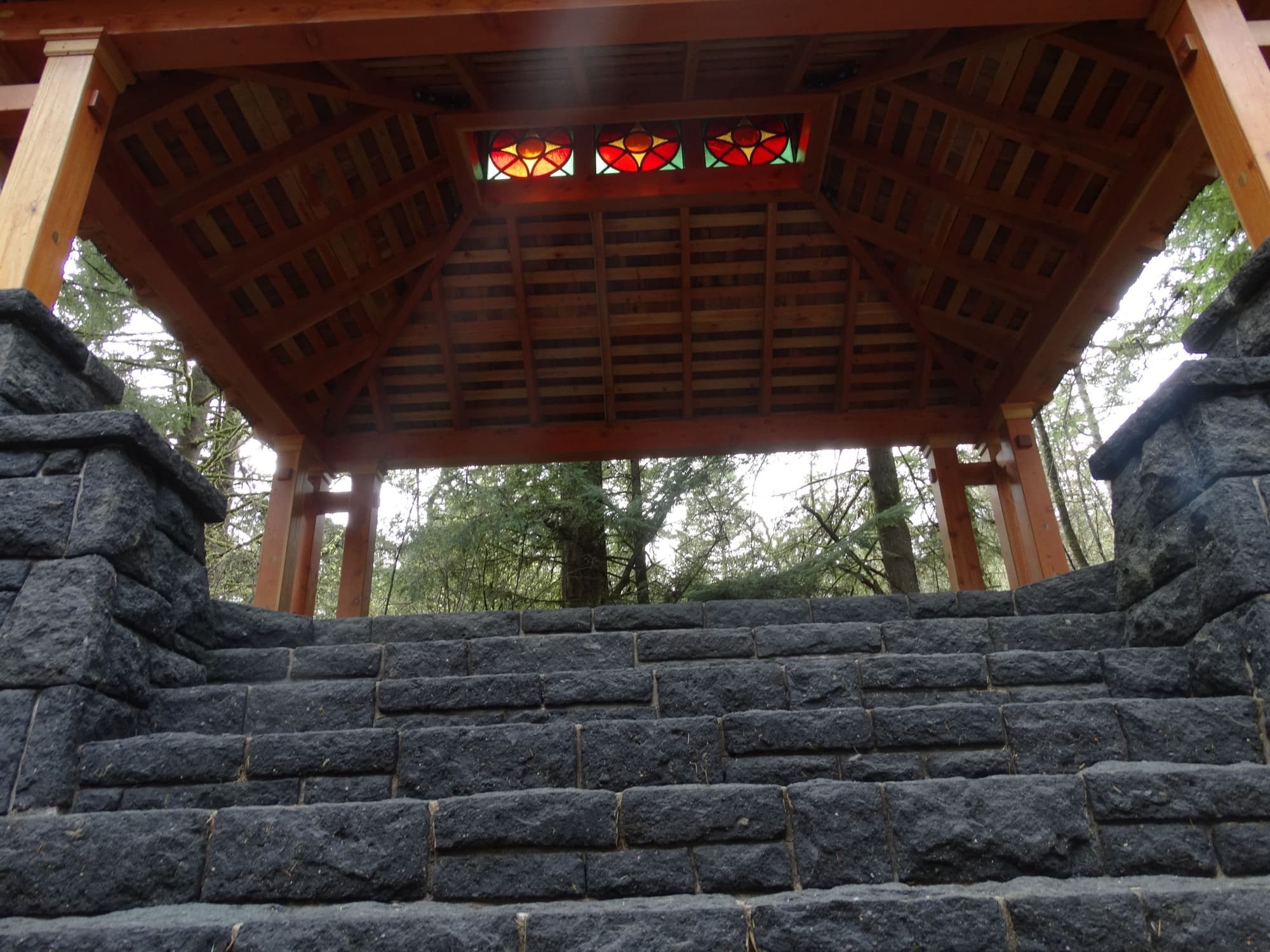 Stained glass gazebo stone steps